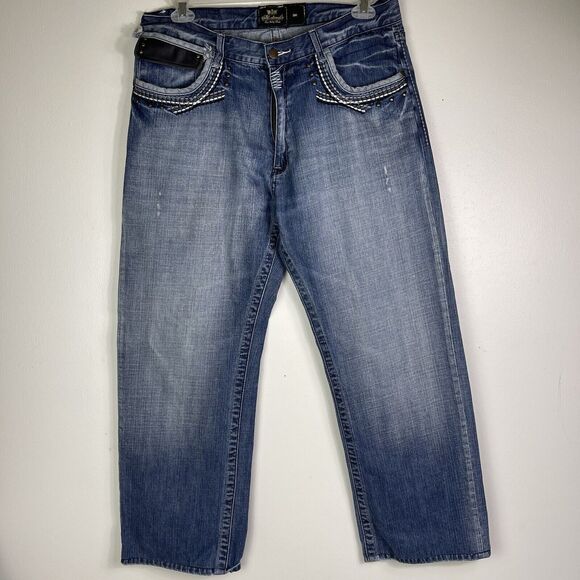 AKADEMIKS Y2K Baggy Jeans Mens 38 Embroidery Leather Wide Leg Distressed Read - Picture 1 of 16
